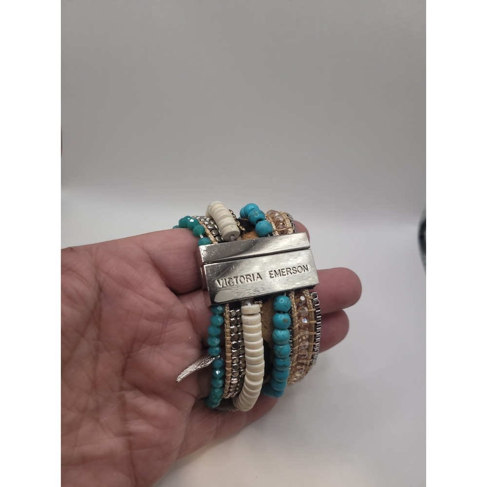 Victoria Emerson Blue Beaded Leopard Pring Multi Boho Cuff Bracelet